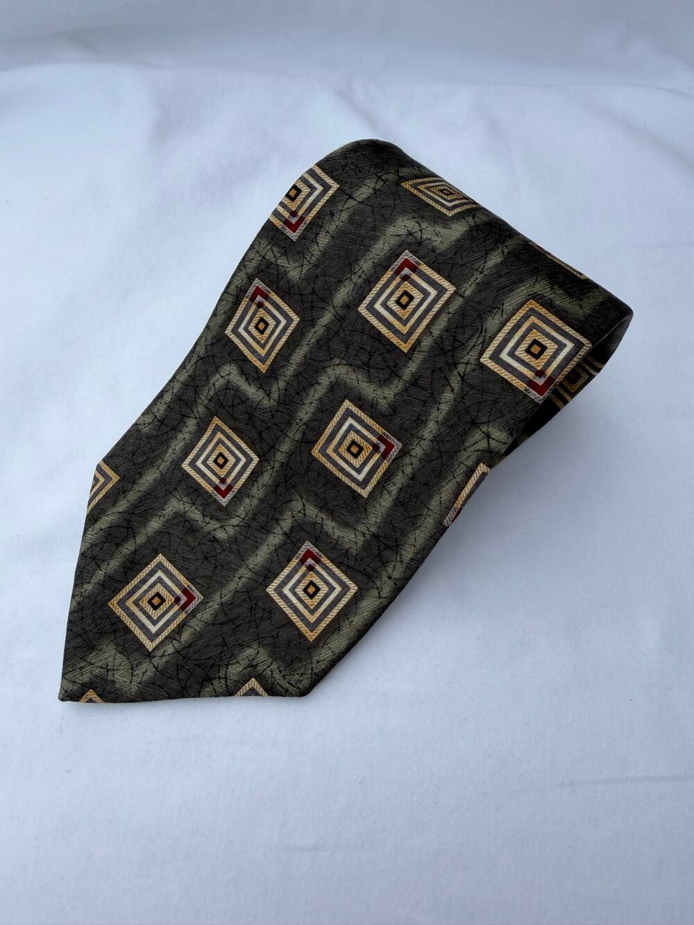 Vintage Murano Olive Green Geometric Square Marbled Tie 100% Silk Men’s Necktie